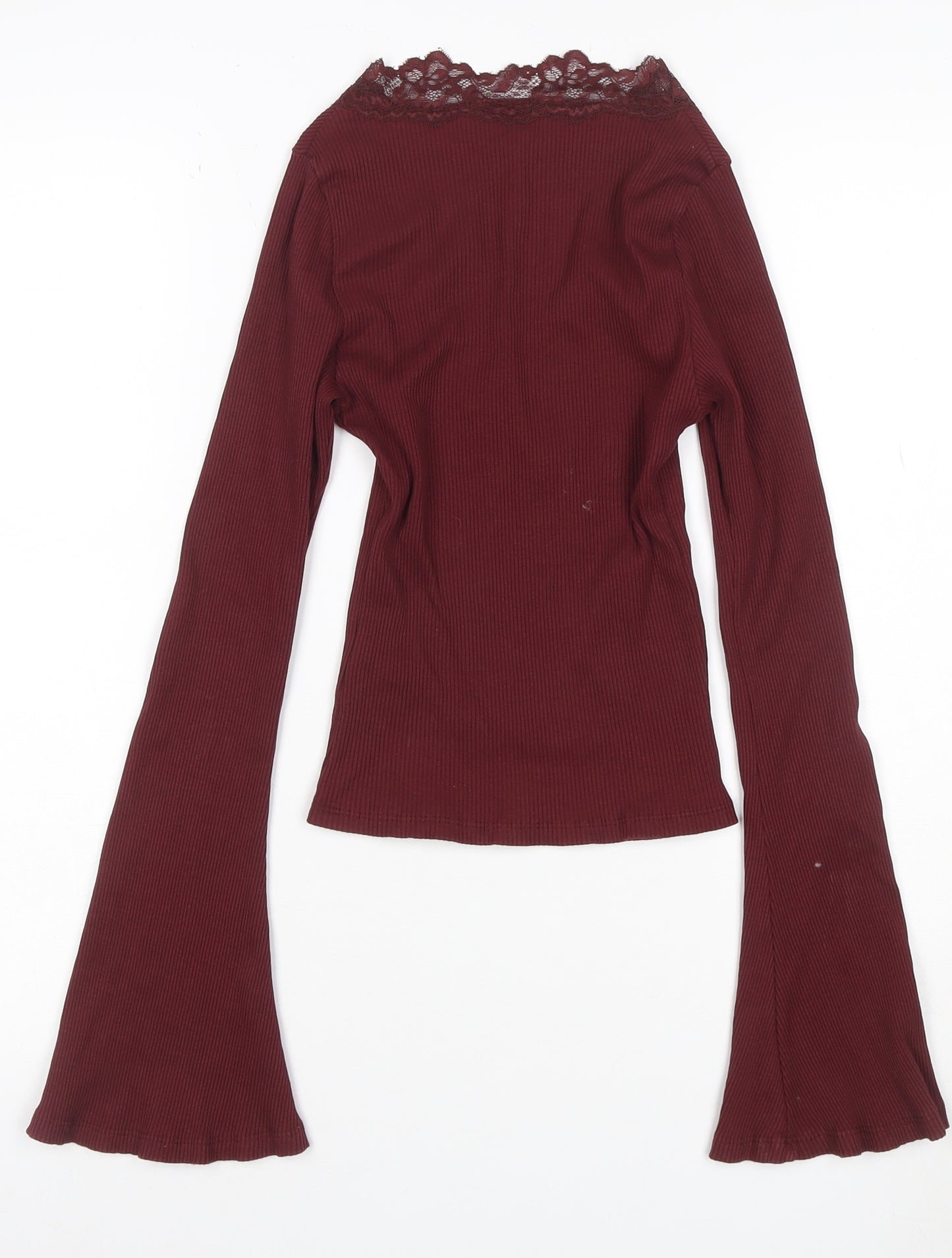 ASOS DESIGN Women Red XS Ribbed Lace V-Neck Flare Sleeve Top