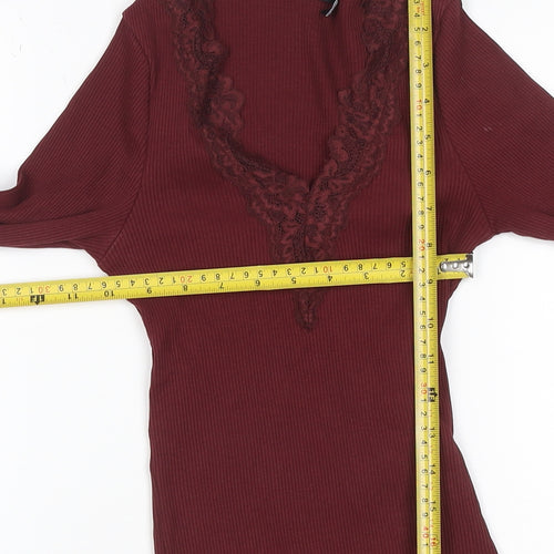 ASOS DESIGN Women Red XS Ribbed Lace V-Neck Flare Sleeve Top