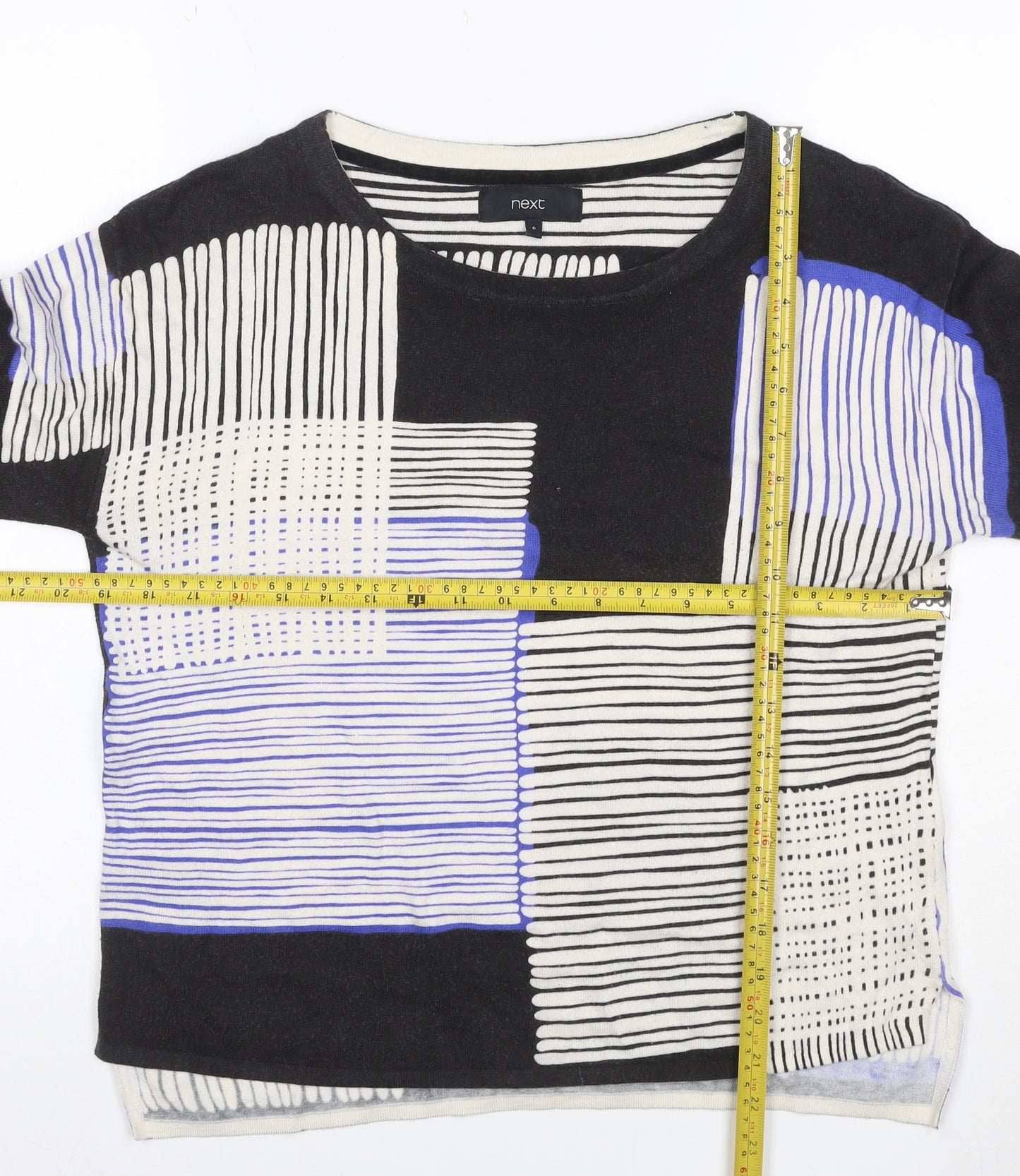 Next Women’s Black Blue Geometric 3/4 Sleeve Jersey T-Shirt UK 6