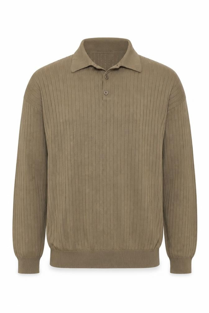 Front view of Elliott Men’s Brown M Collared Henley Knit Jumper Long Sleeve