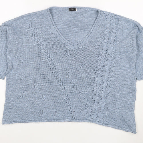 PIA Women’s Blue XS Cable Knit V-Neck Short Sleeve Pullover Jumper