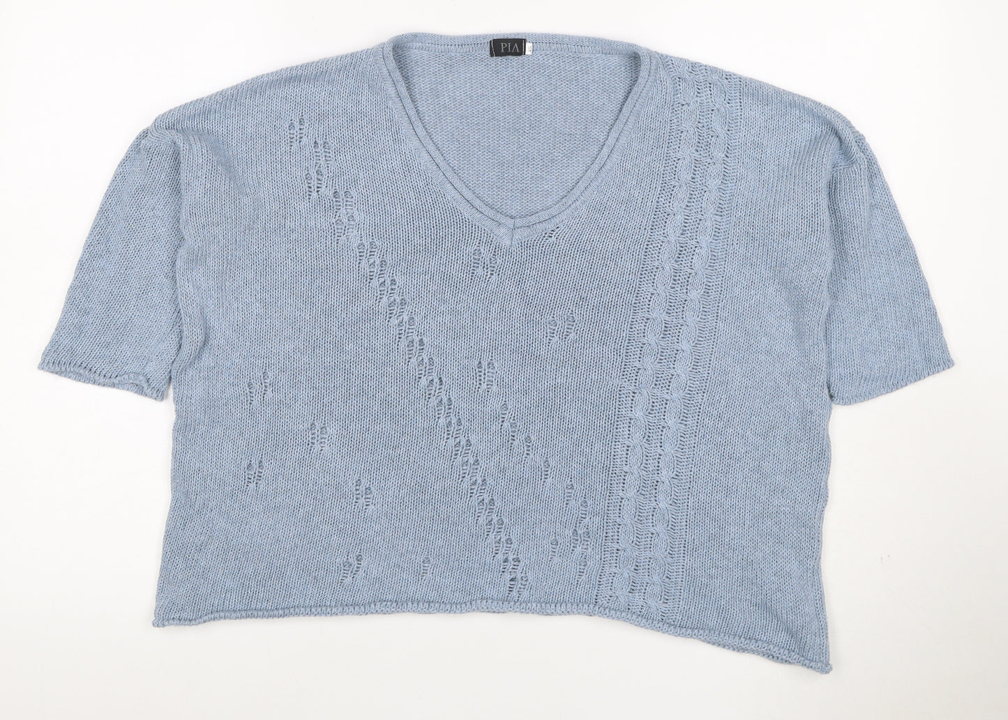 PIA Women’s Blue XS Cable Knit V-Neck Short Sleeve Pullover Jumper