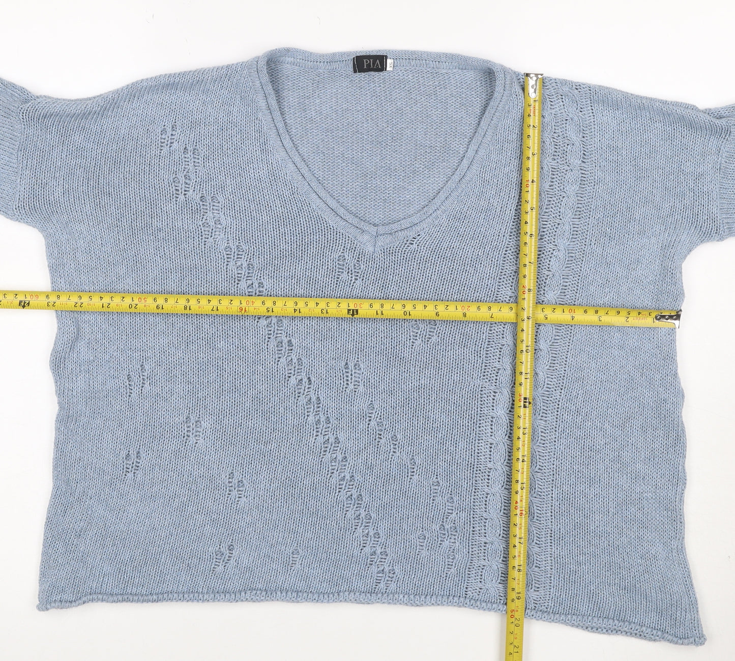 PIA Women’s Blue XS Cable Knit V-Neck Short Sleeve Pullover Jumper