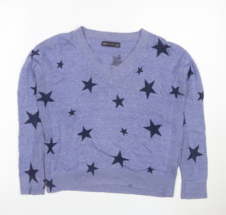 M&S Women Blue XS Star Print V-Neck Cotton Knit Jersey Top