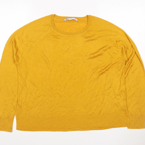 Zara Women Yellow M Basic Knit Crew Neck Raglan Long Sleeve Top