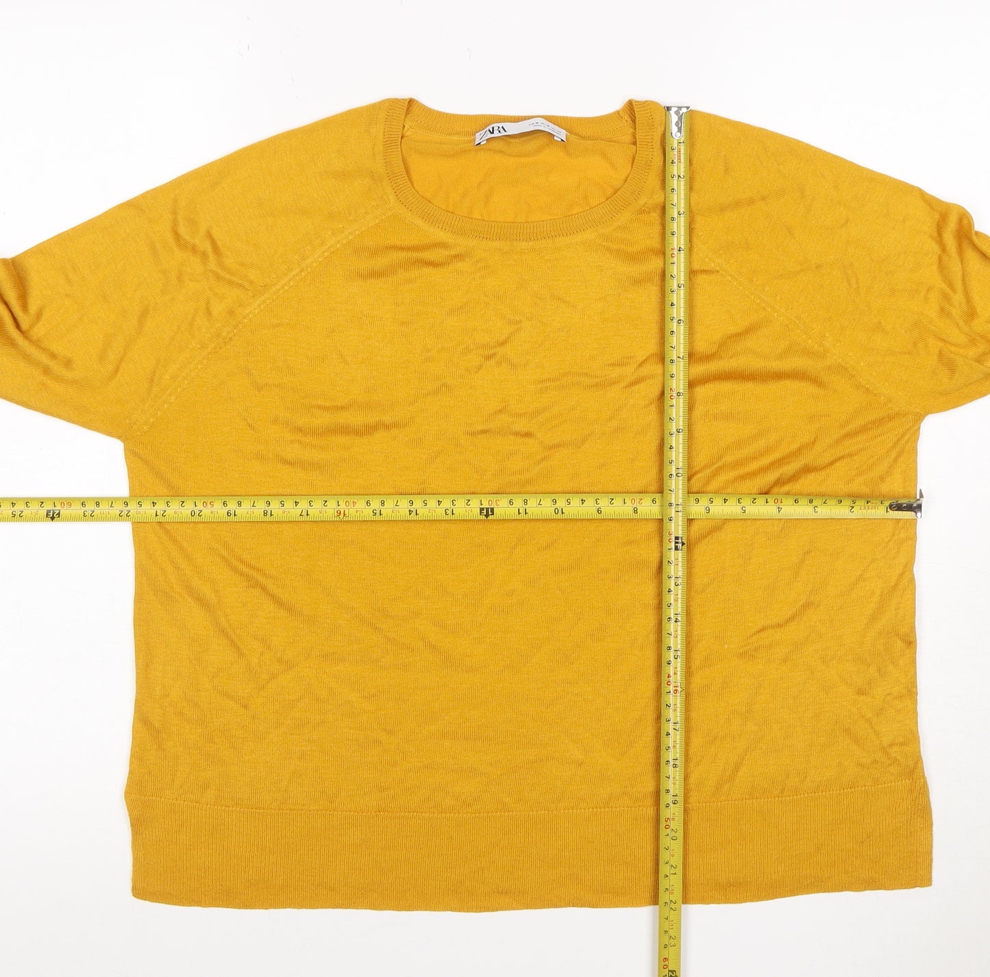 Zara Women Yellow M Basic Knit Crew Neck Raglan Long Sleeve Top