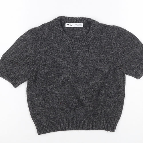Zara Women Grey XS Short Sleeve Wool Blend Chunky Knit Crew Neck Jumper
