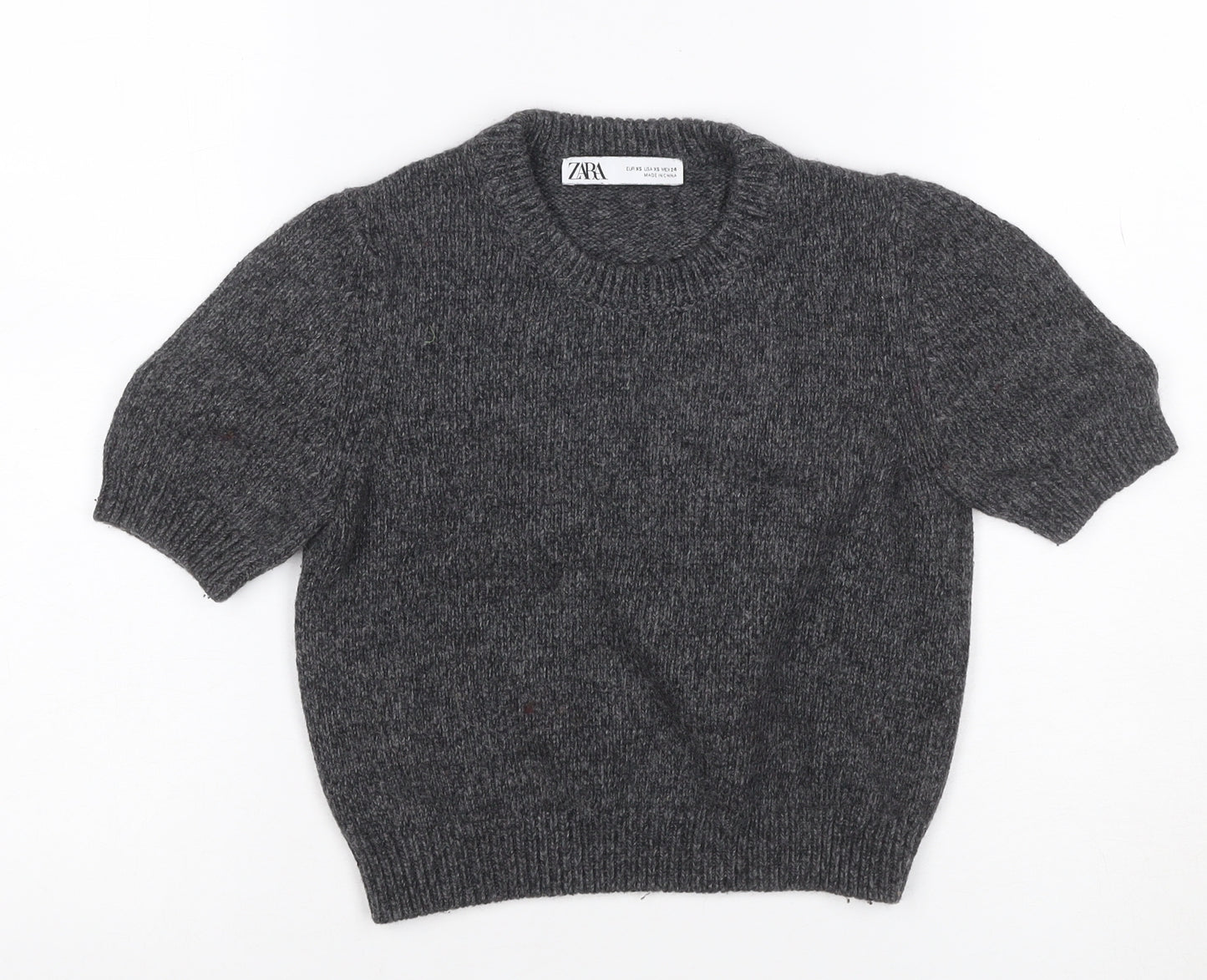 Zara Women Grey XS Short Sleeve Wool Blend Chunky Knit Crew Neck Jumper