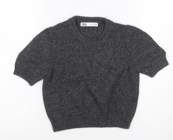 Zara Women Grey XS Short Sleeve Wool Blend Chunky Knit Crew Neck Jumper