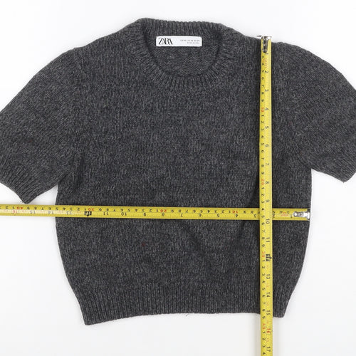 Zara Women Grey XS Short Sleeve Wool Blend Chunky Knit Crew Neck Jumper