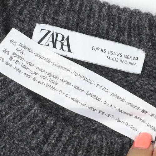 Zara Women Grey XS Short Sleeve Wool Blend Chunky Knit Crew Neck Jumper