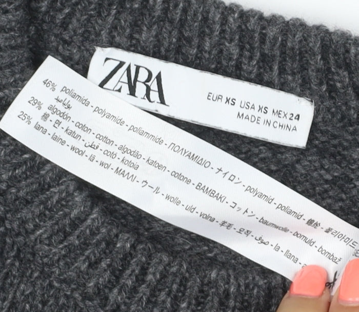 Zara Women Grey XS Short Sleeve Wool Blend Chunky Knit Crew Neck Jumper