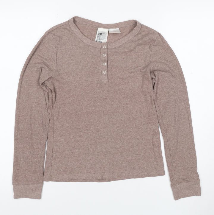 H&M Women’s Beige XS Ribbed Henley Long Sleeve Cotton Blend Jumper