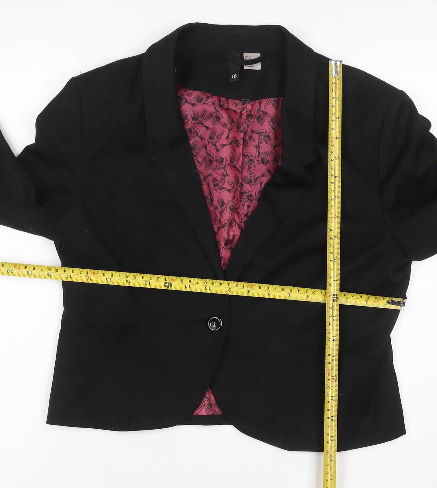 H&M Women’s Black Size 16 Single-Breasted Blazer Bird Lining