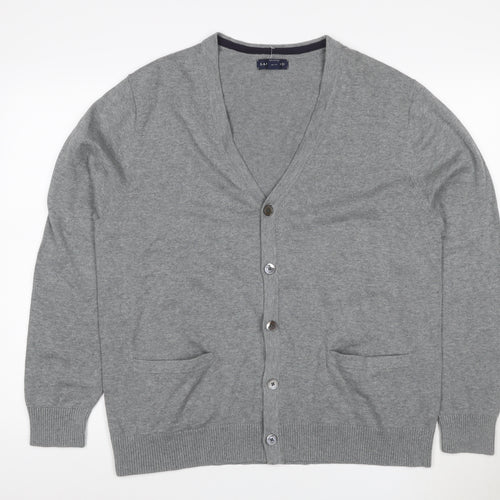 Lands' End Men Grey L Button V-Neck Cotton Knit Cardigan Pockets