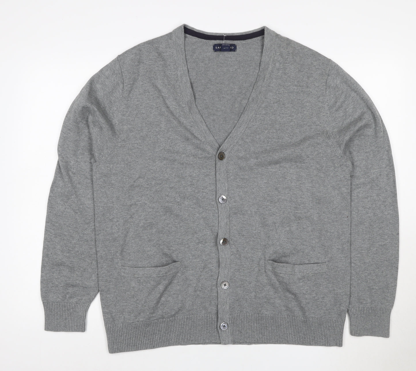 Lands' End Men Grey L Button V-Neck Cotton Knit Cardigan Pockets