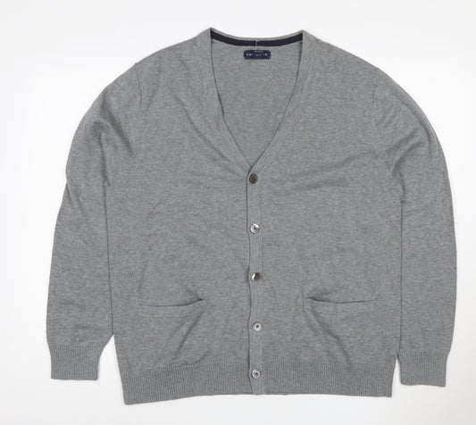 Lands' End Men Grey L Button V-Neck Cotton Knit Cardigan Pockets