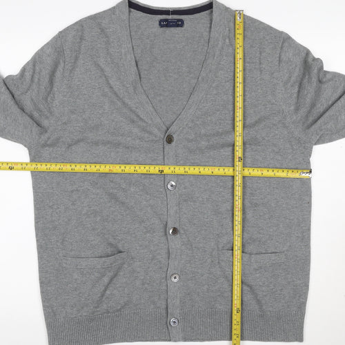 Lands' End Men Grey L Button V-Neck Cotton Knit Cardigan Pockets
