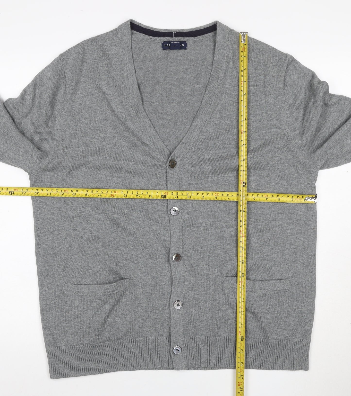 Lands' End Men Grey L Button V-Neck Cotton Knit Cardigan Pockets