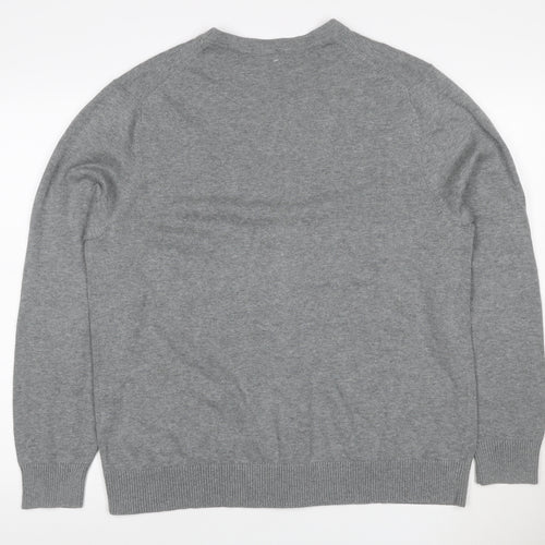 Lands' End Men Grey L Button V-Neck Cotton Knit Cardigan Pockets