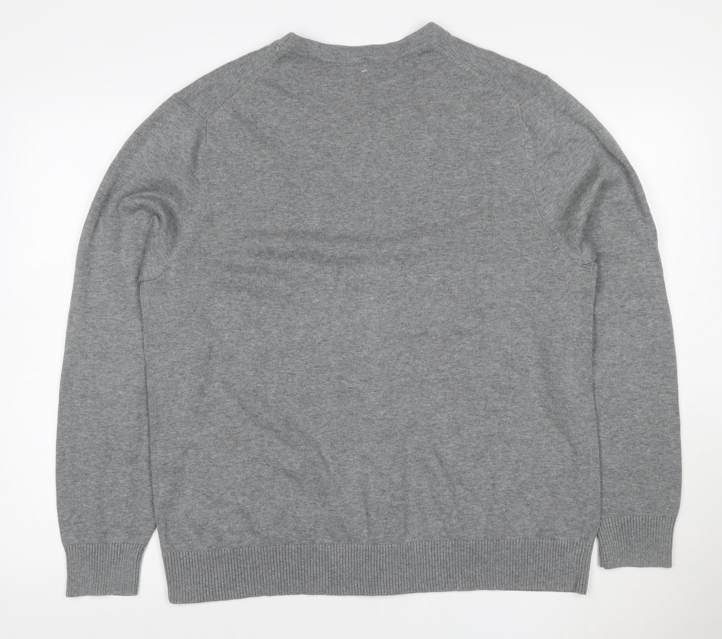 Lands' End Men Grey L Button V-Neck Cotton Knit Cardigan Pockets
