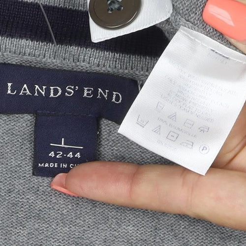 Lands' End Men Grey L Button V-Neck Cotton Knit Cardigan Pockets