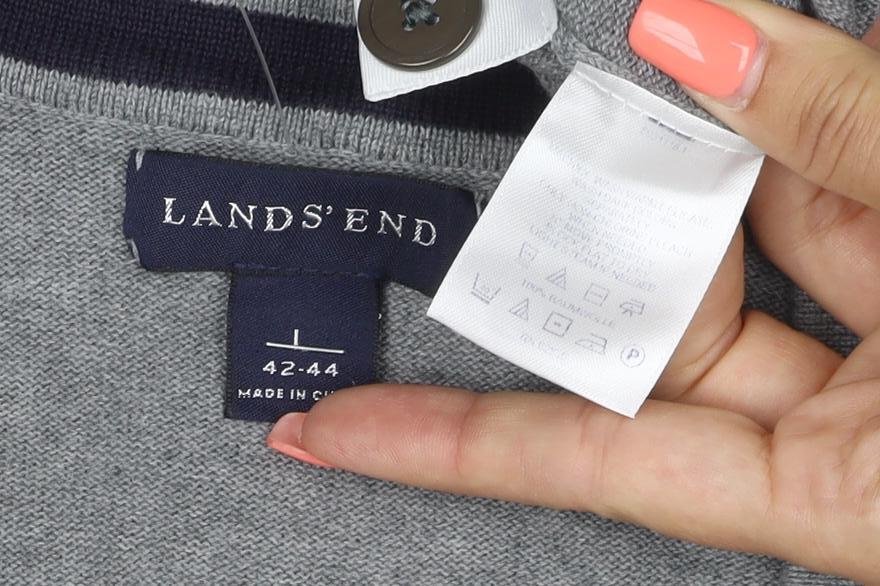 Lands' End Men Grey L Button V-Neck Cotton Knit Cardigan Pockets