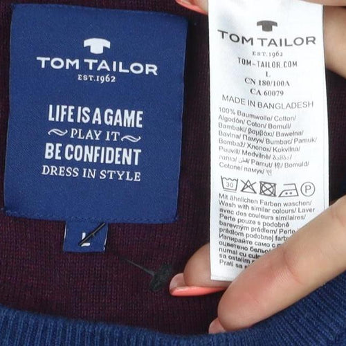 Tom Tailor Men's Blue L Cotton Crew Neck Logo Pullover Jumper