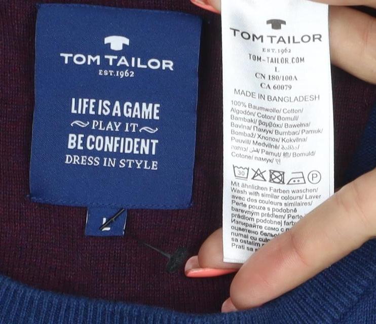 Tom Tailor Men's Blue L Cotton Crew Neck Logo Pullover Jumper