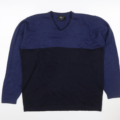 Next Men's Blue Black Merino Wool V-Neck Pullover Jumper M