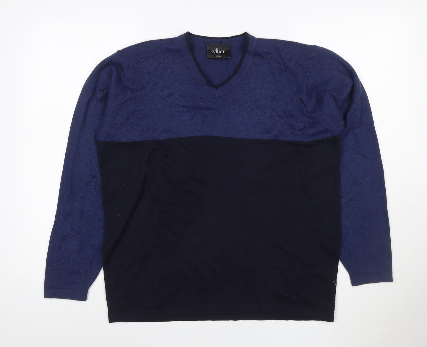 Next Men's Blue Black Merino Wool V-Neck Pullover Jumper M