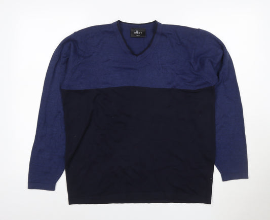 Next Men's Blue Black Merino Wool V-Neck Pullover Jumper M
