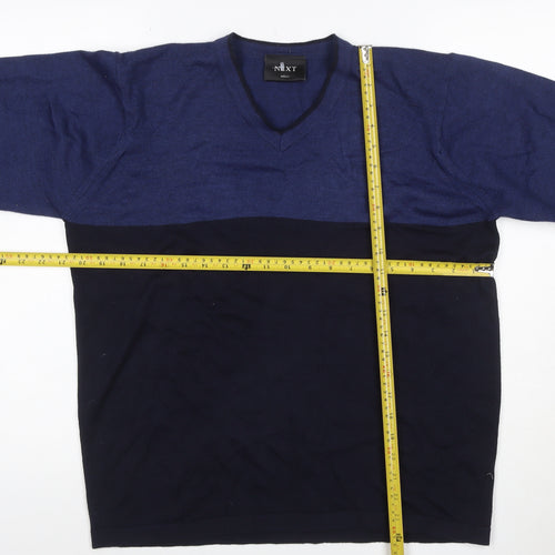 Next Men's Blue Black Merino Wool V-Neck Pullover Jumper M