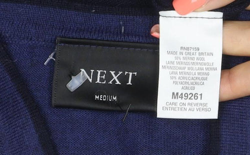 Next Men's Blue Black Merino Wool V-Neck Pullover Jumper M
