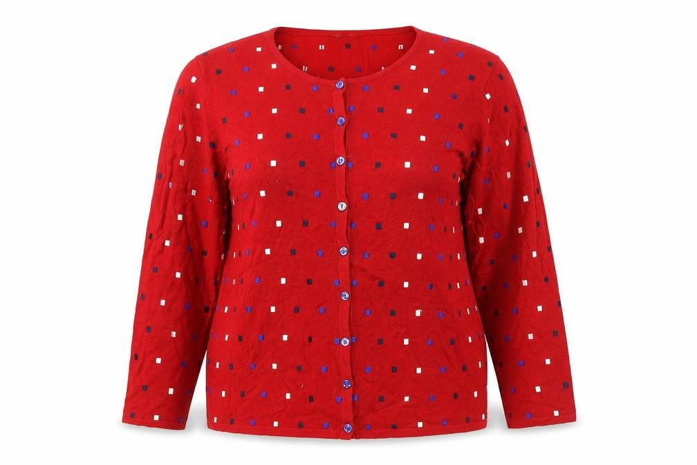 Front view of Country Casuals Women’s Red Geometric Button Cardigan XL Long Sleeve