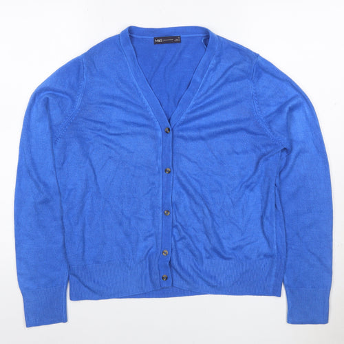 Marks and Spencer Women Blue Size 12 V-Neck Button Cardigan