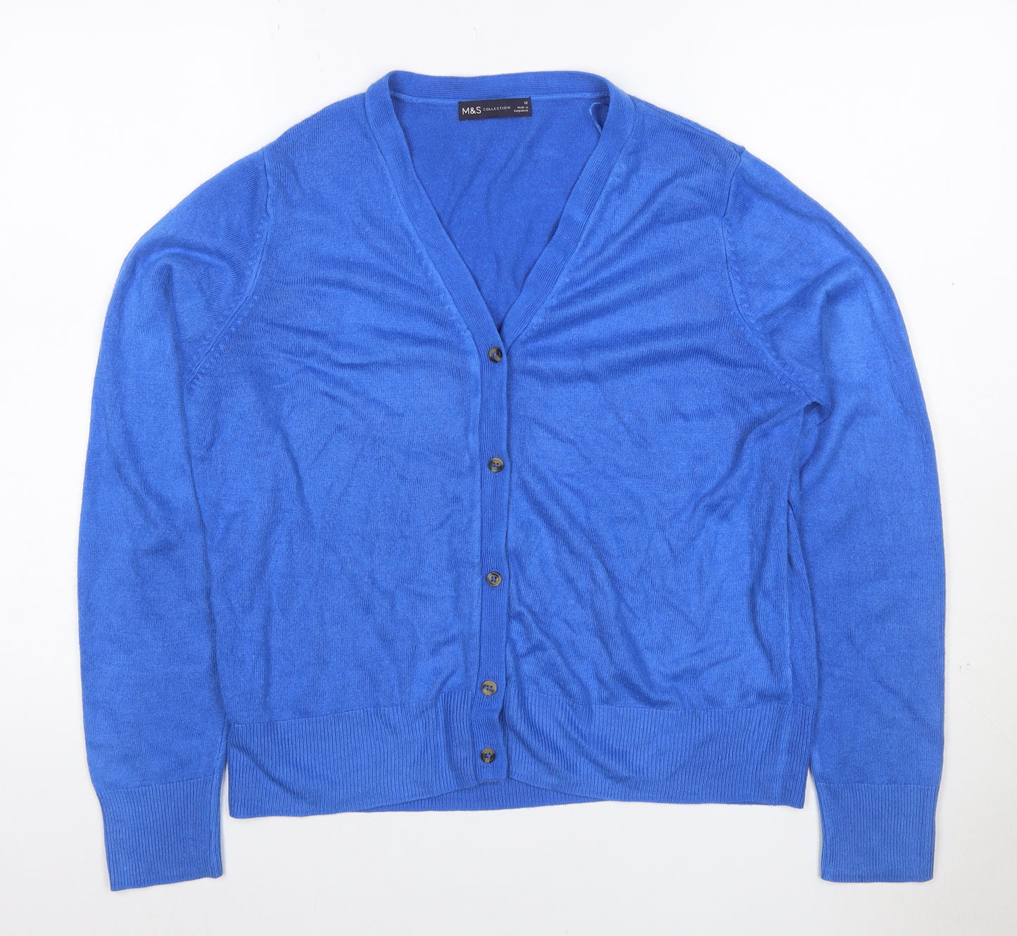 Marks and Spencer Women Blue Size 12 V-Neck Button Cardigan