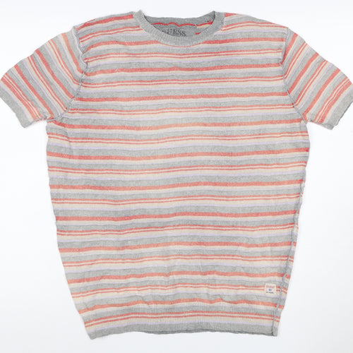 Guess Men’s Grey Striped Cotton Crew Neck Short Sleeve T-Shirt XXL