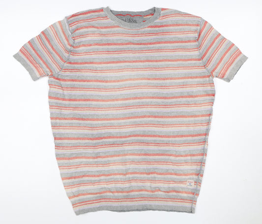 Guess Men’s Grey Striped Cotton Crew Neck Short Sleeve T-Shirt XXL