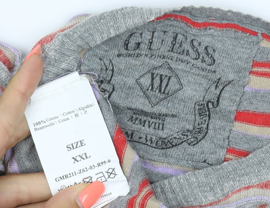 Guess Men’s Grey Striped Cotton Crew Neck Short Sleeve T-Shirt XXL
