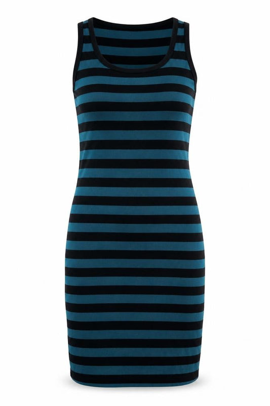 Front view of Only Women Blue Black Striped S Knee Length Tank Dress