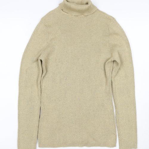 Basic Editions Women’s Beige Metallic Ribbed Roll Neck Jumper L