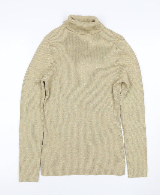 Basic Editions Women’s Beige Metallic Ribbed Roll Neck Jumper L