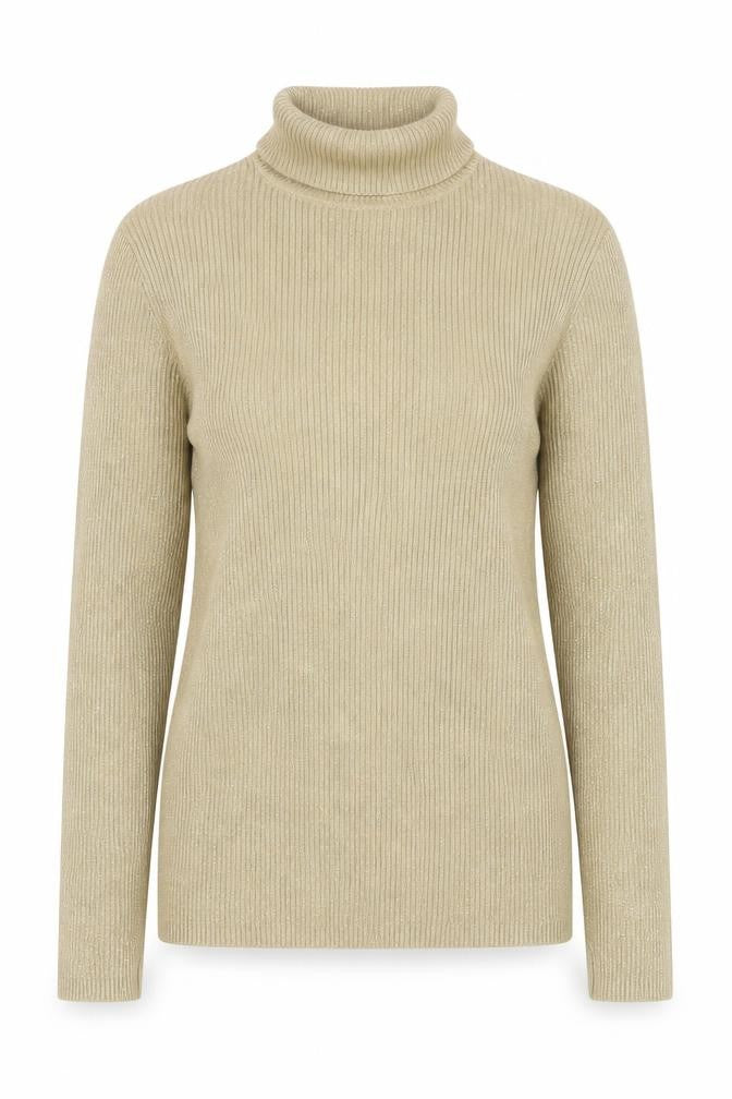 Front view of Basic Editions Women’s Beige Metallic Ribbed Roll Neck Jumper L