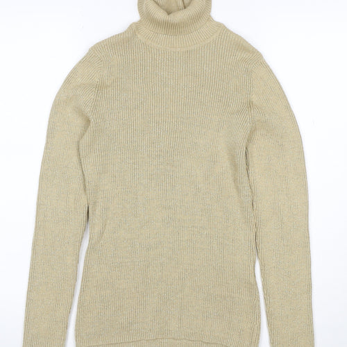 Basic Editions Women’s Beige Metallic Ribbed Roll Neck Jumper L