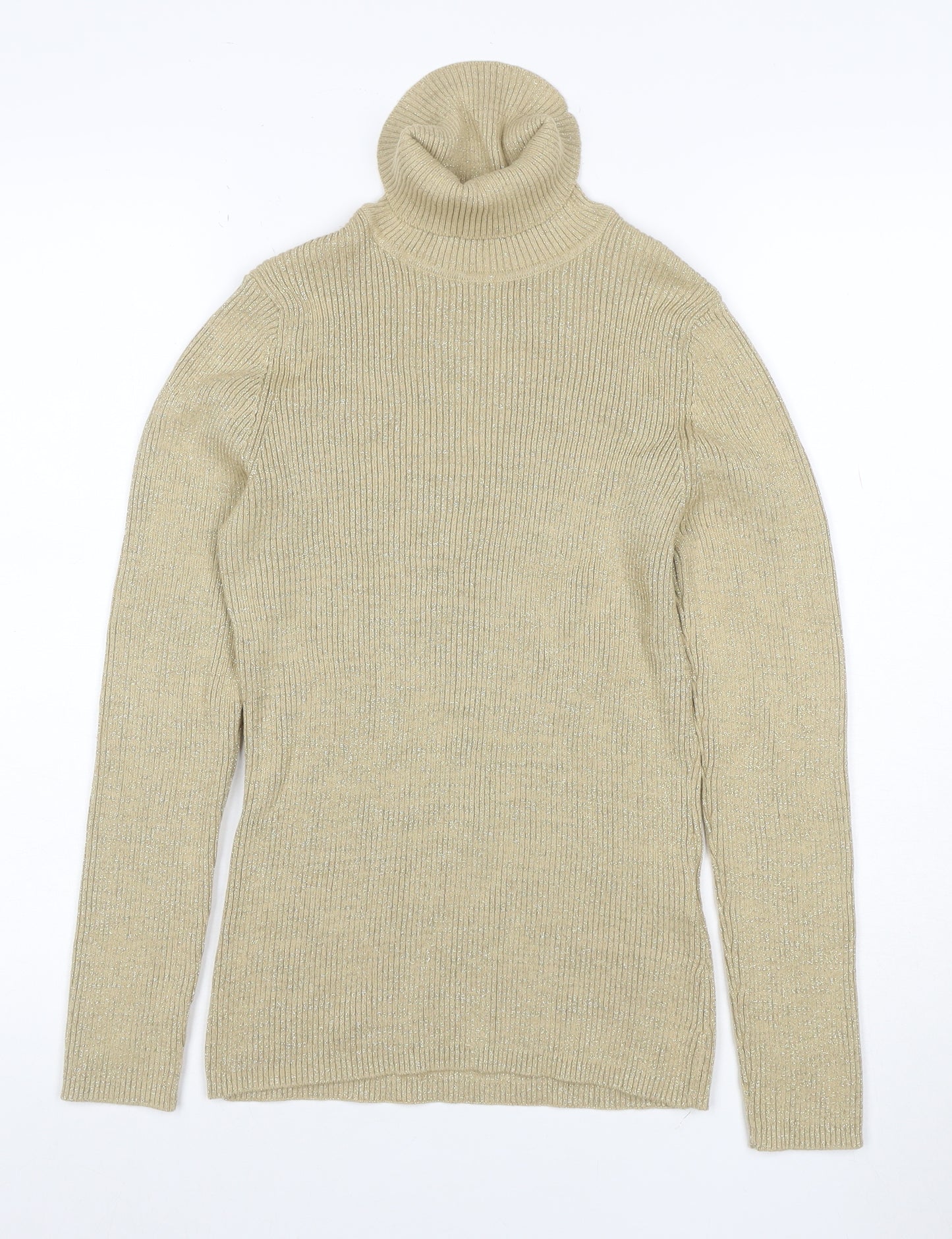 Basic Editions Women’s Beige Metallic Ribbed Roll Neck Jumper L