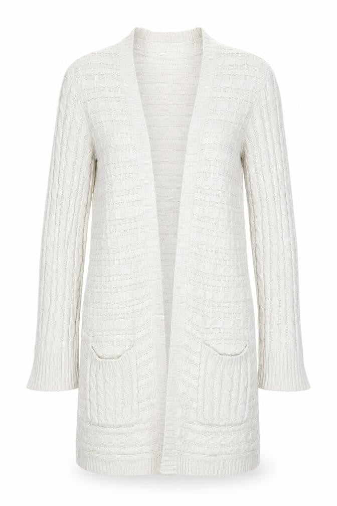 Front view of H&M Women Ivory M Open Cable Knit Wool Blend Long Cardigan