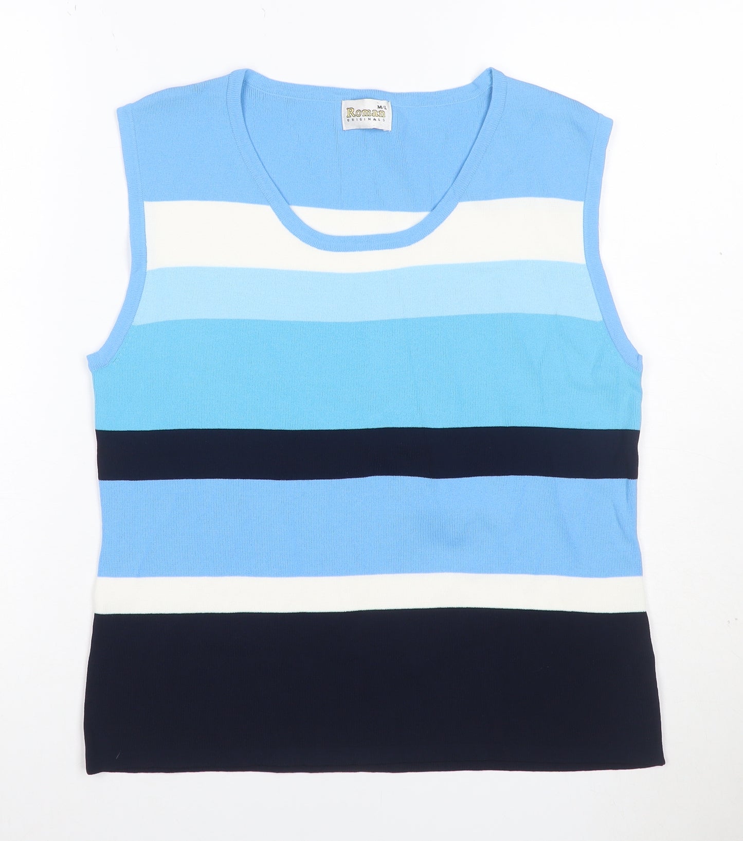 Roman Women Blue Stripe Knit Sleeveless Tank Top Size L
