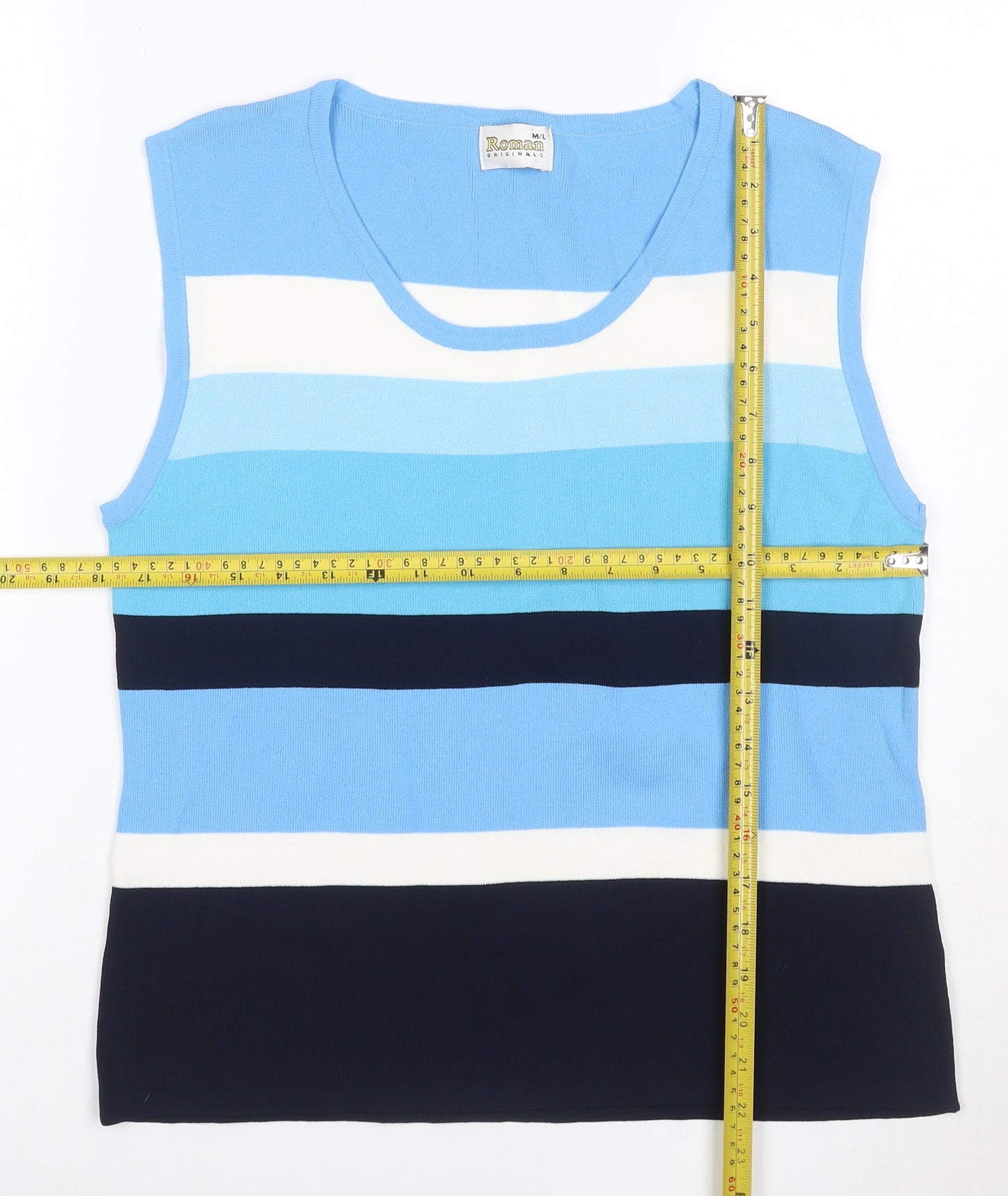 Roman Women Blue Stripe Knit Sleeveless Tank Top Size L