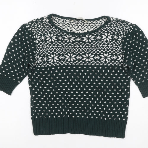 Collectif Women Green Fair Isle Christmas Jumper UK 10 Puff Sleeve